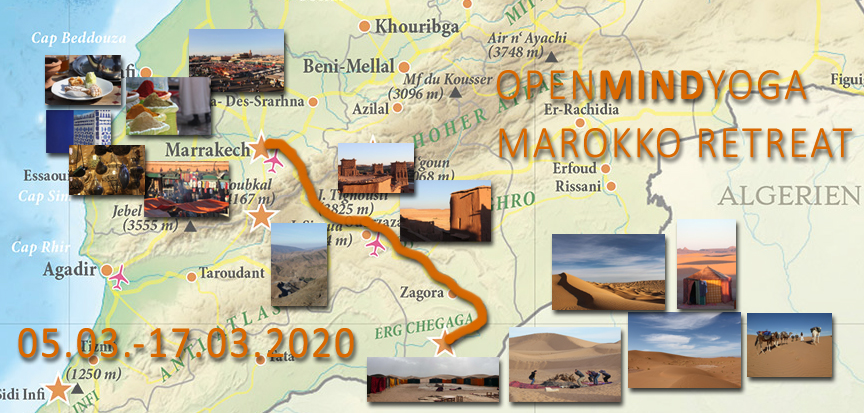 Tourdaten, OPENMINDYOGA MAROKKO RETREAT vom 5.3.-17.3.2020 mit der Caravane de Reve